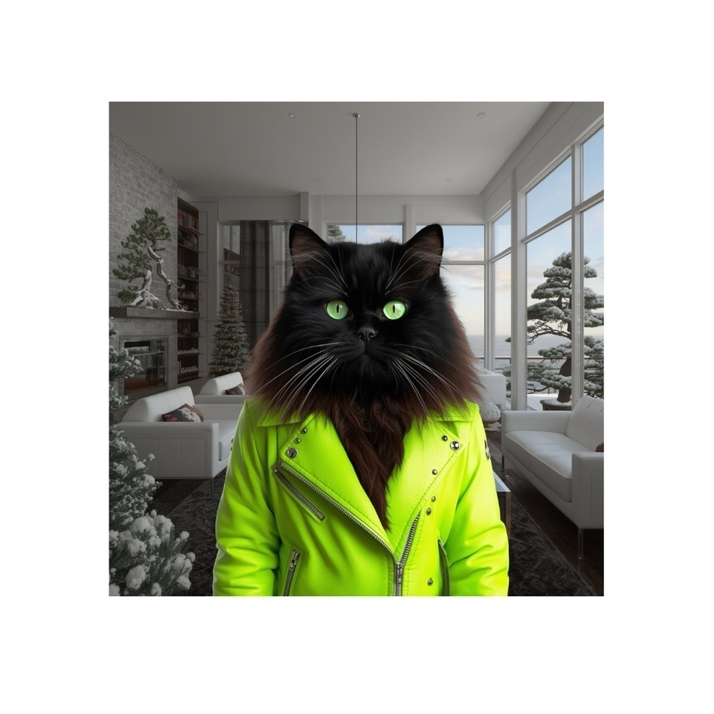 HANDCRAFTED digital art print Vibrant  Cat in a jacket in around Christmas decor